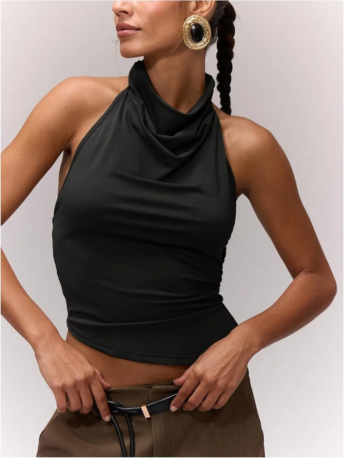 Milumia Women's Draped Halter Neck Backless Tank Top Sleeveless Asymmetrical Hem Crop Tops