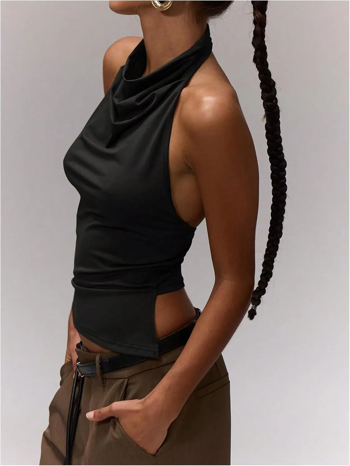 Milumia Women's Draped Halter Neck Backless Tank Top Sleeveless Asymmetrical Hem Crop Tops