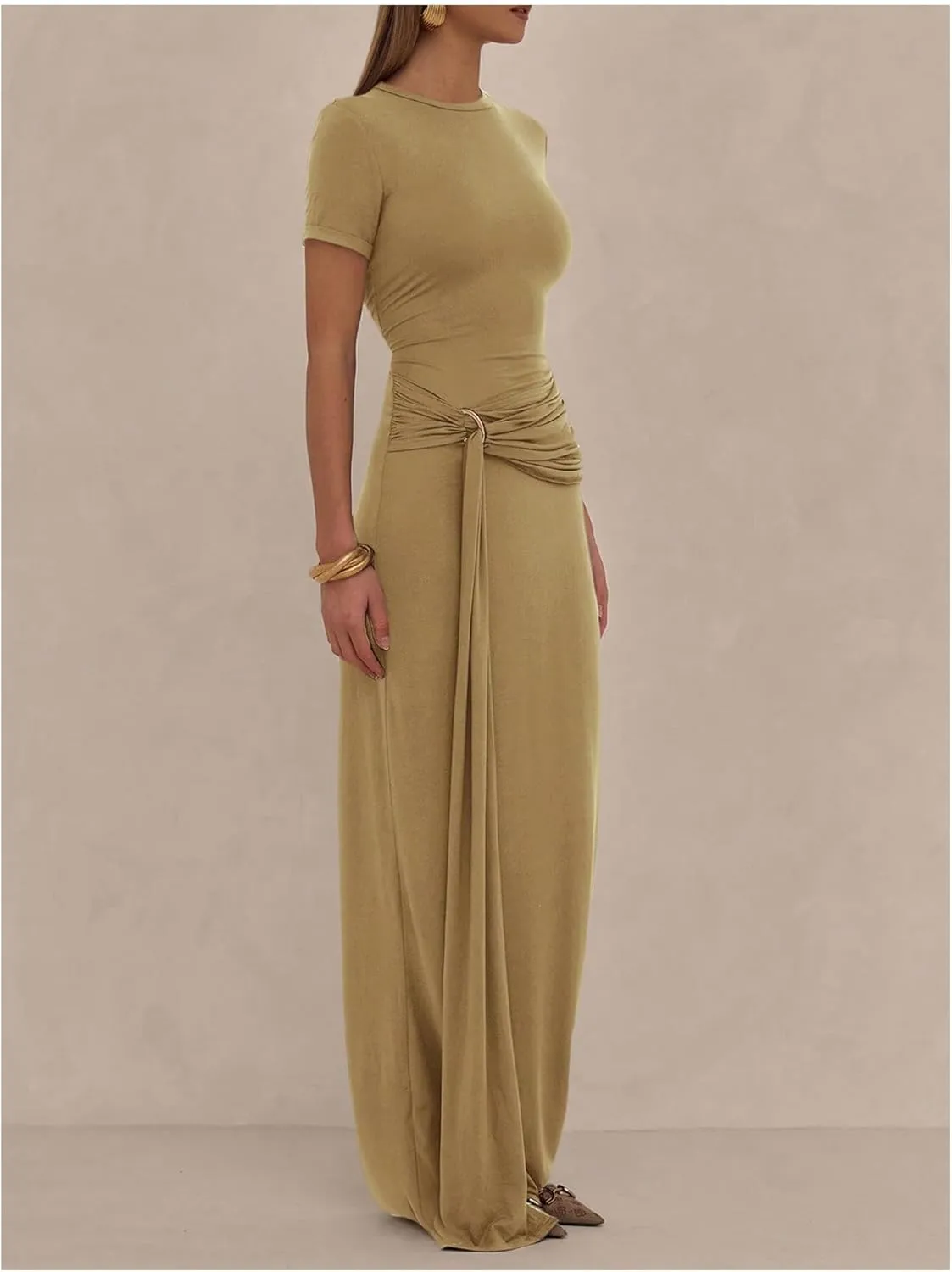 Milumia Women's Ring Tie Knot Bodycon Dress Crew Neck Short Sleeve Maxi Dresses