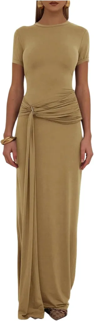 Milumia Women's Ring Tie Knot Bodycon Dress Crew Neck Short Sleeve Maxi Dresses