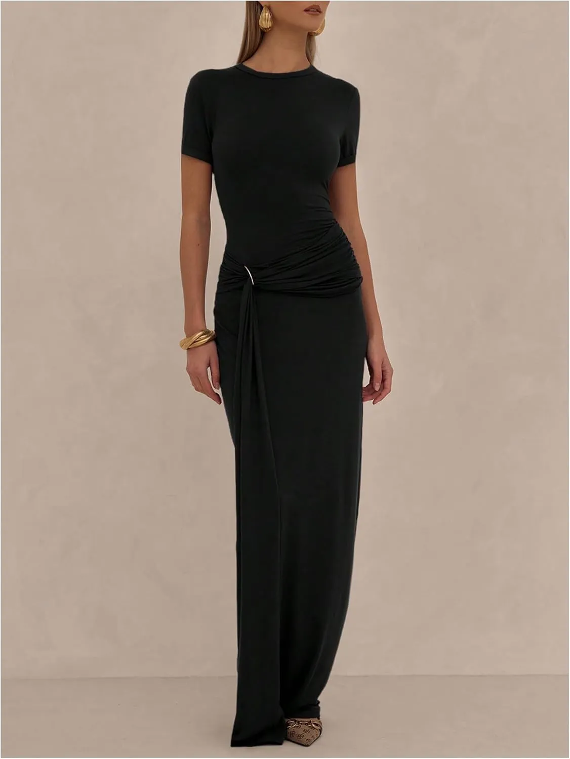 Milumia Women's Ring Tie Knot Bodycon Dress Crew Neck Short Sleeve Maxi Dresses