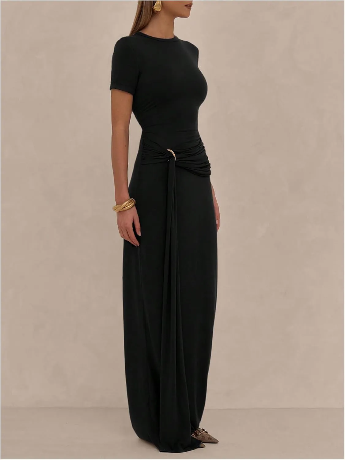 Milumia Women's Ring Tie Knot Bodycon Dress Crew Neck Short Sleeve Maxi Dresses