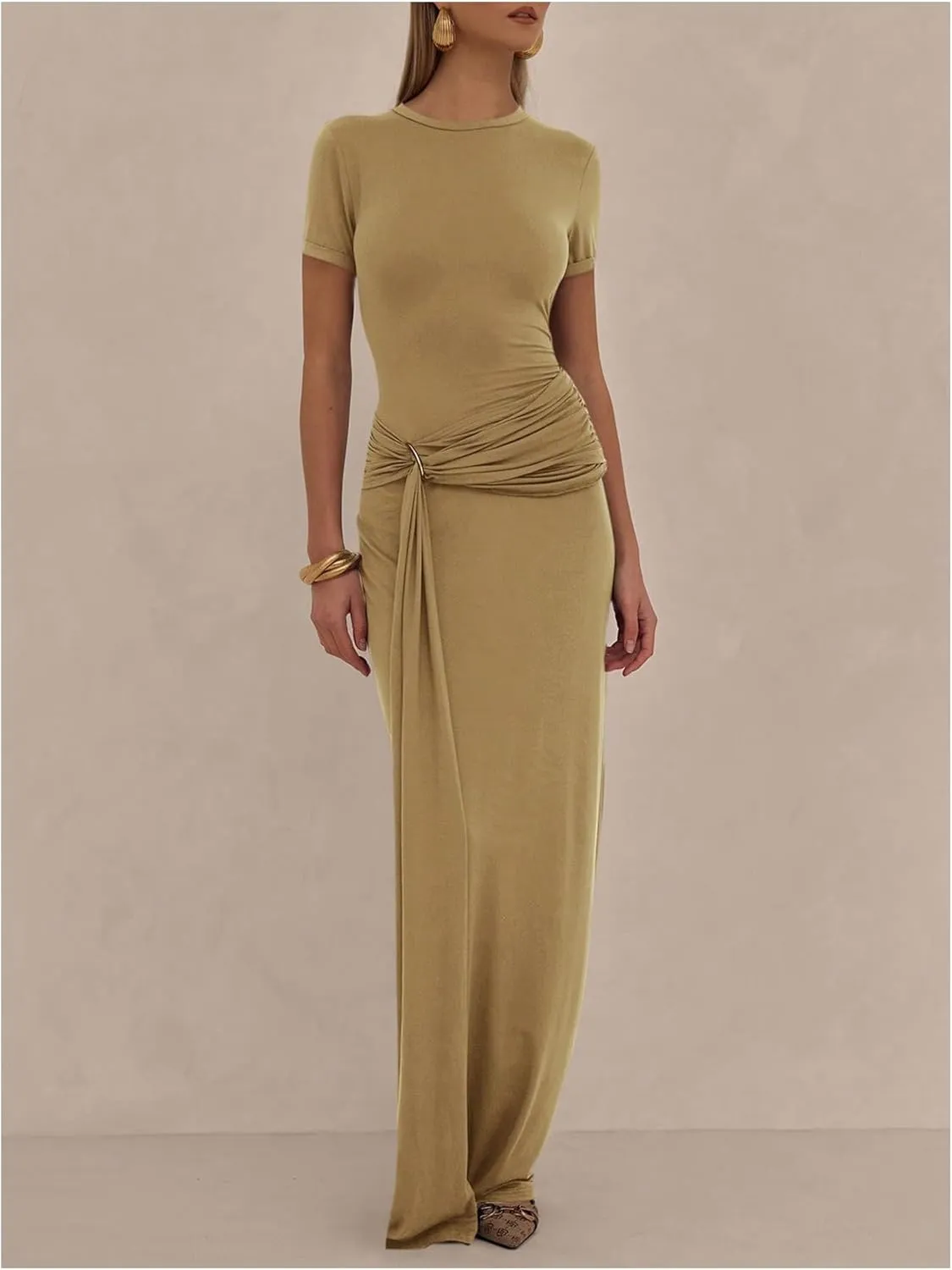 Milumia Women's Ring Tie Knot Bodycon Dress Crew Neck Short Sleeve Maxi Dresses