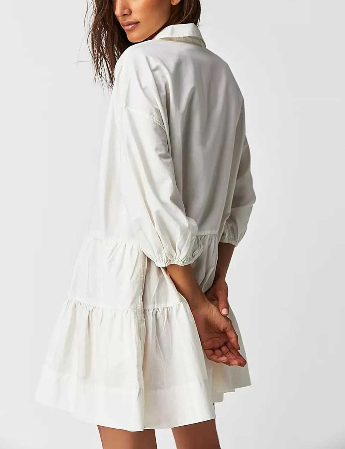 Mingzhu Women's Summer Flowy 3/4 Sleeve Babydoll Mini Dress Tiered Short Shirtdress with Pockets