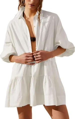 Mingzhu Women's Summer Flowy 3/4 Sleeve Babydoll Mini Dress Tiered Short Shirtdress with Pockets