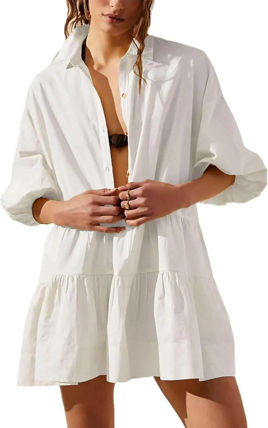 Mingzhu Women's Summer Flowy 3/4 Sleeve Babydoll Mini Dress Tiered Short Shirtdress with Pockets