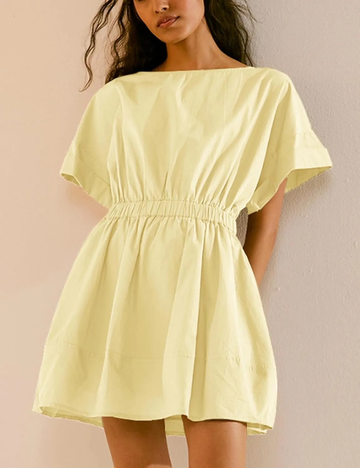 Mingzhu Women's Summer Short Sleeve Mini Dress Open Back A Line Sundress with Pockets