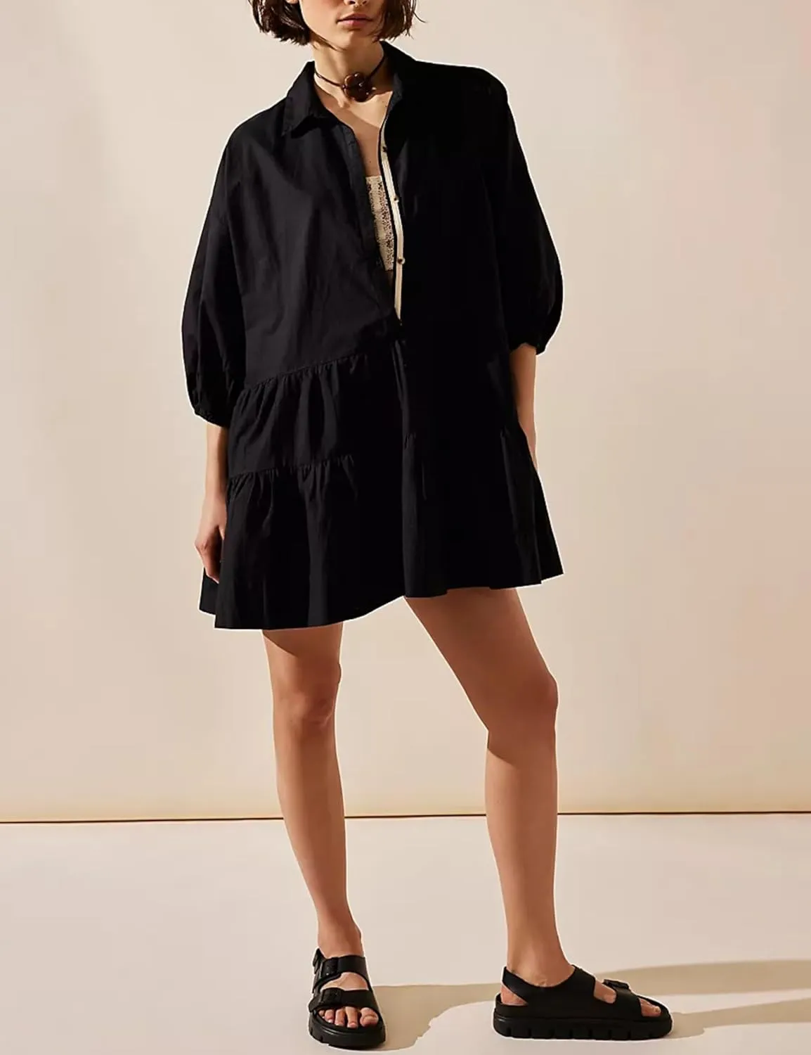 Mingzhu Womens Summer Tiered Puff Sleeve Shirtdress Flowy A-line Babydoll Mini Dress