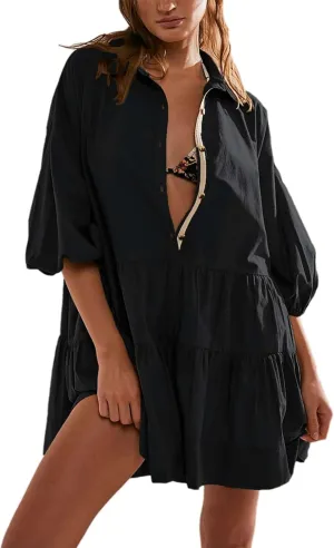 Mingzhu Womens Summer Tiered Puff Sleeve Shirtdress Flowy A-line Babydoll Mini Dress