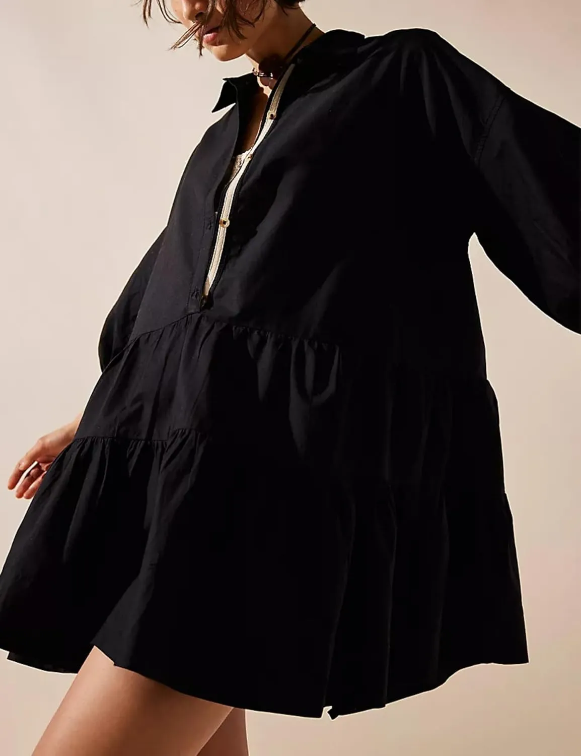 Mingzhu Womens Summer Tiered Puff Sleeve Shirtdress Flowy A-line Babydoll Mini Dress