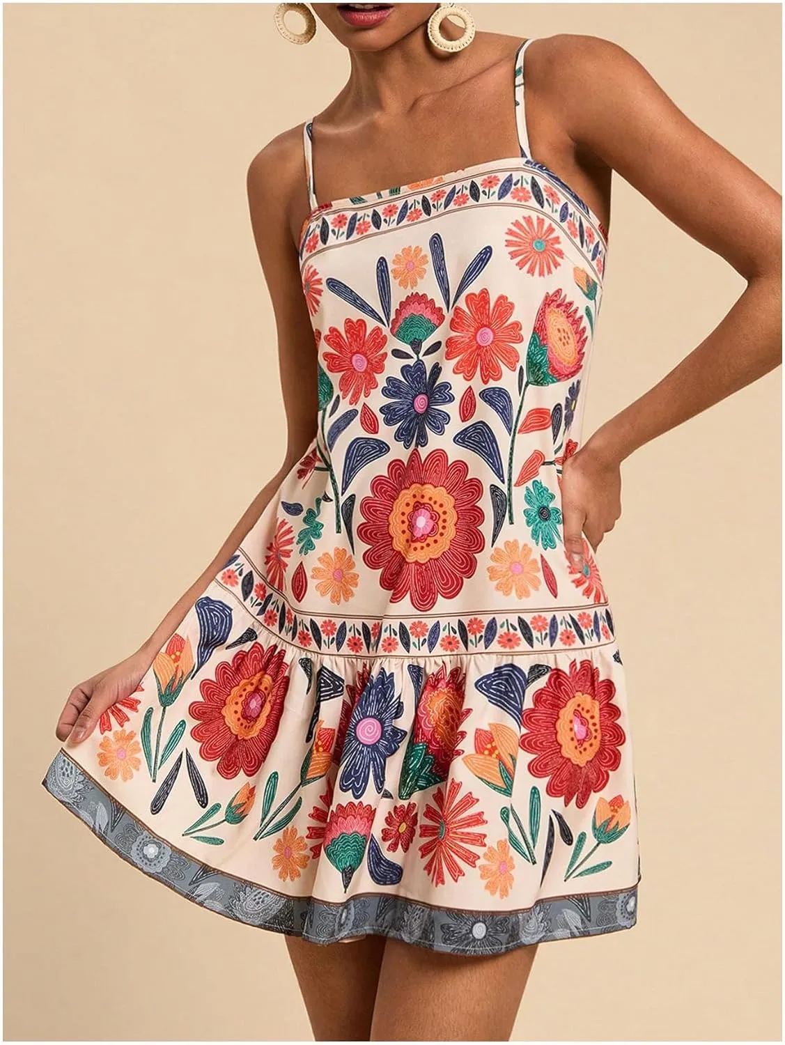 MISSACTIVER Women Sleeveless Floral Mini Dress Square Neck Ruffle Hem Spaghetti Strap Tank Dress Vacation Boho Sundress