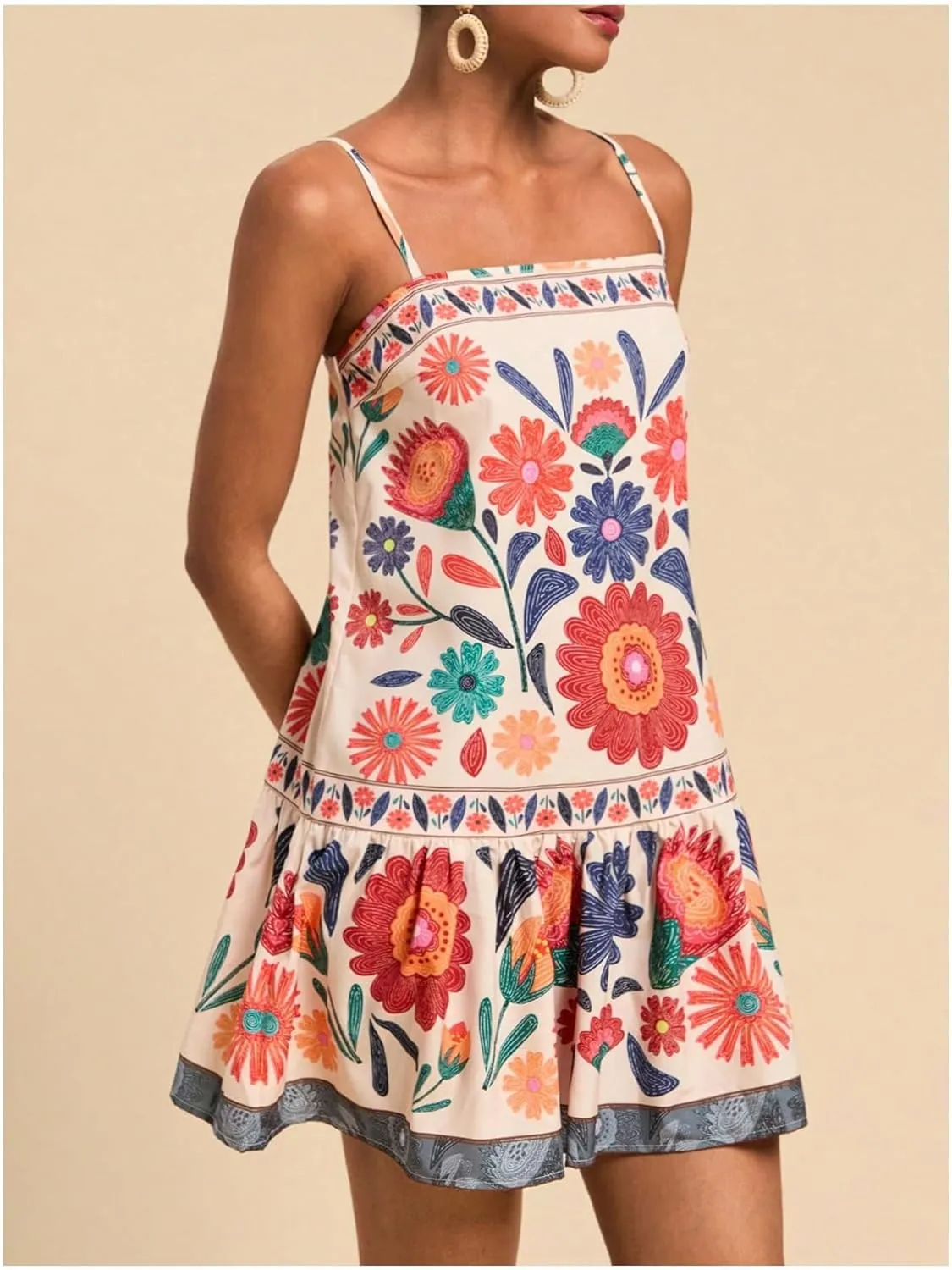 MISSACTIVER Women Sleeveless Floral Mini Dress Square Neck Ruffle Hem Spaghetti Strap Tank Dress Vacation Boho Sundress