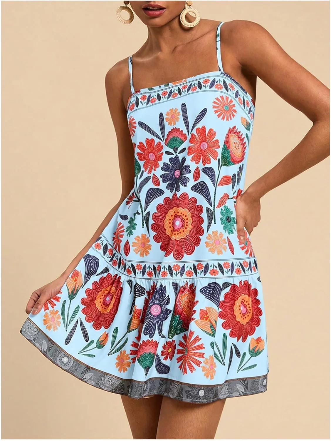 MISSACTIVER Women Sleeveless Floral Mini Dress Square Neck Ruffle Hem Spaghetti Strap Tank Dress Vacation Boho Sundress