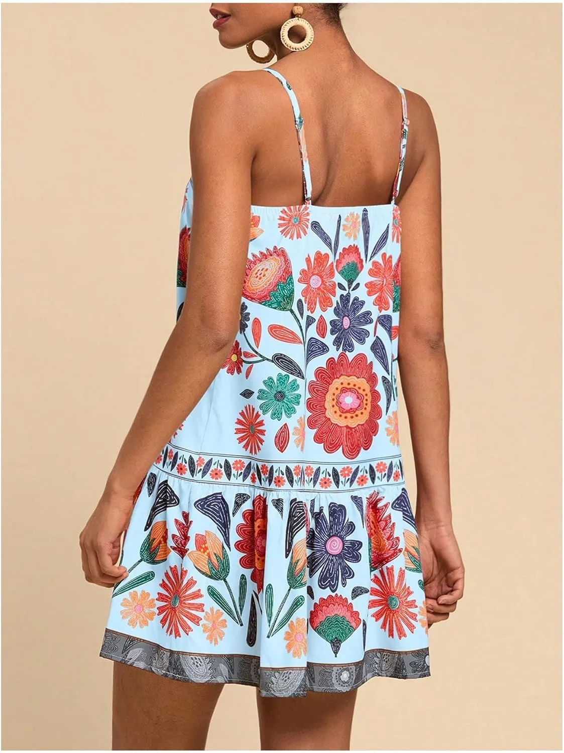 MISSACTIVER Women Sleeveless Floral Mini Dress Square Neck Ruffle Hem Spaghetti Strap Tank Dress Vacation Boho Sundress