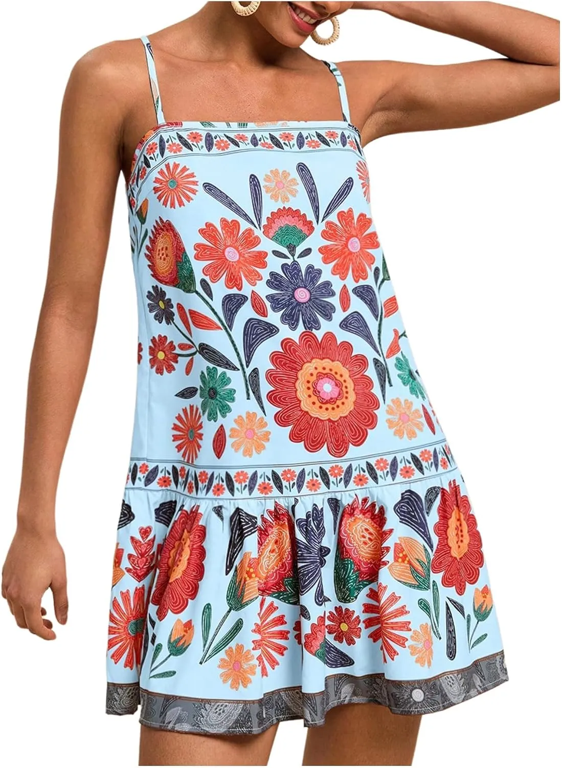 MISSACTIVER Women Sleeveless Floral Mini Dress Square Neck Ruffle Hem Spaghetti Strap Tank Dress Vacation Boho Sundress