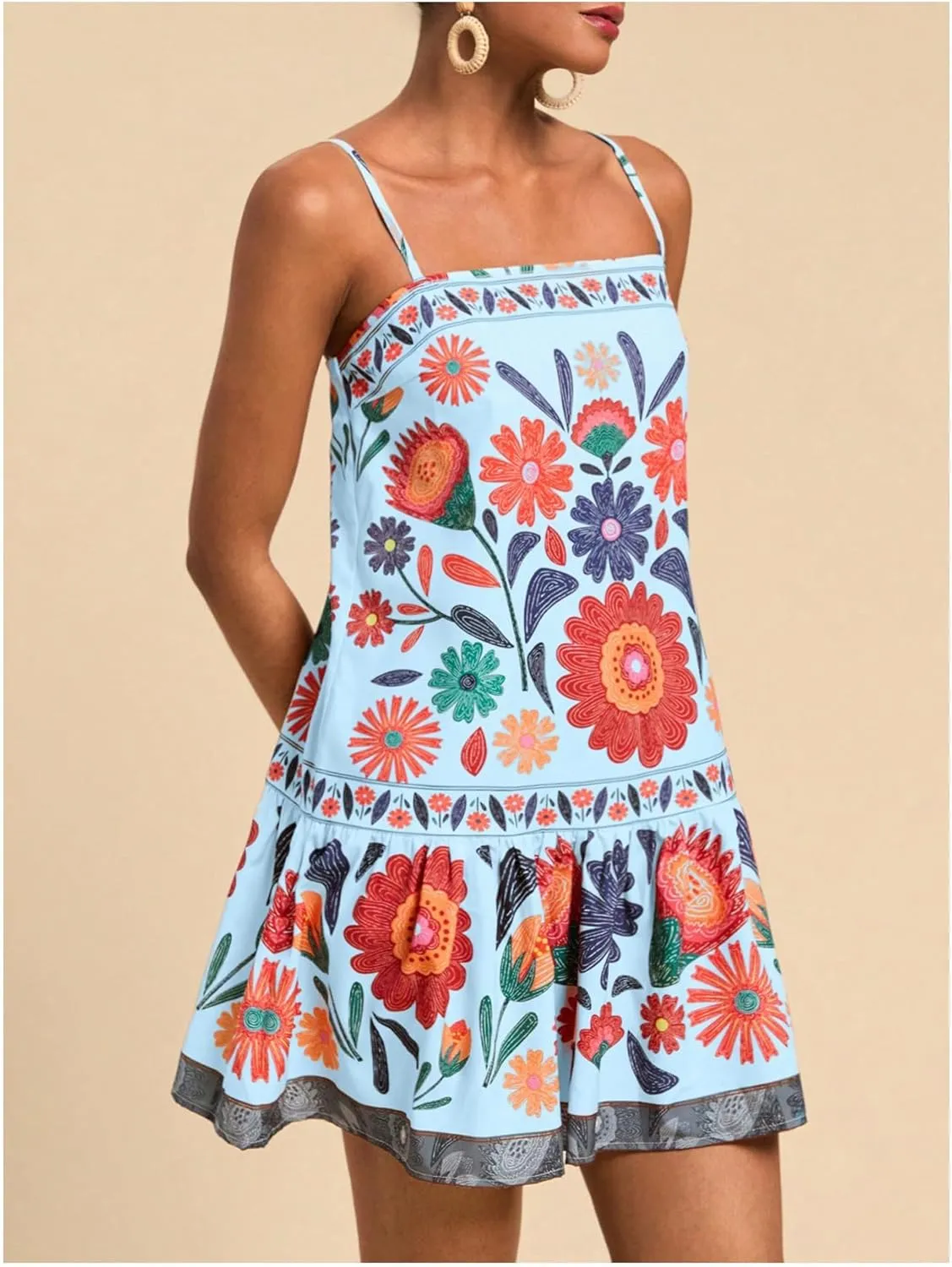MISSACTIVER Women Sleeveless Floral Mini Dress Square Neck Ruffle Hem Spaghetti Strap Tank Dress Vacation Boho Sundress