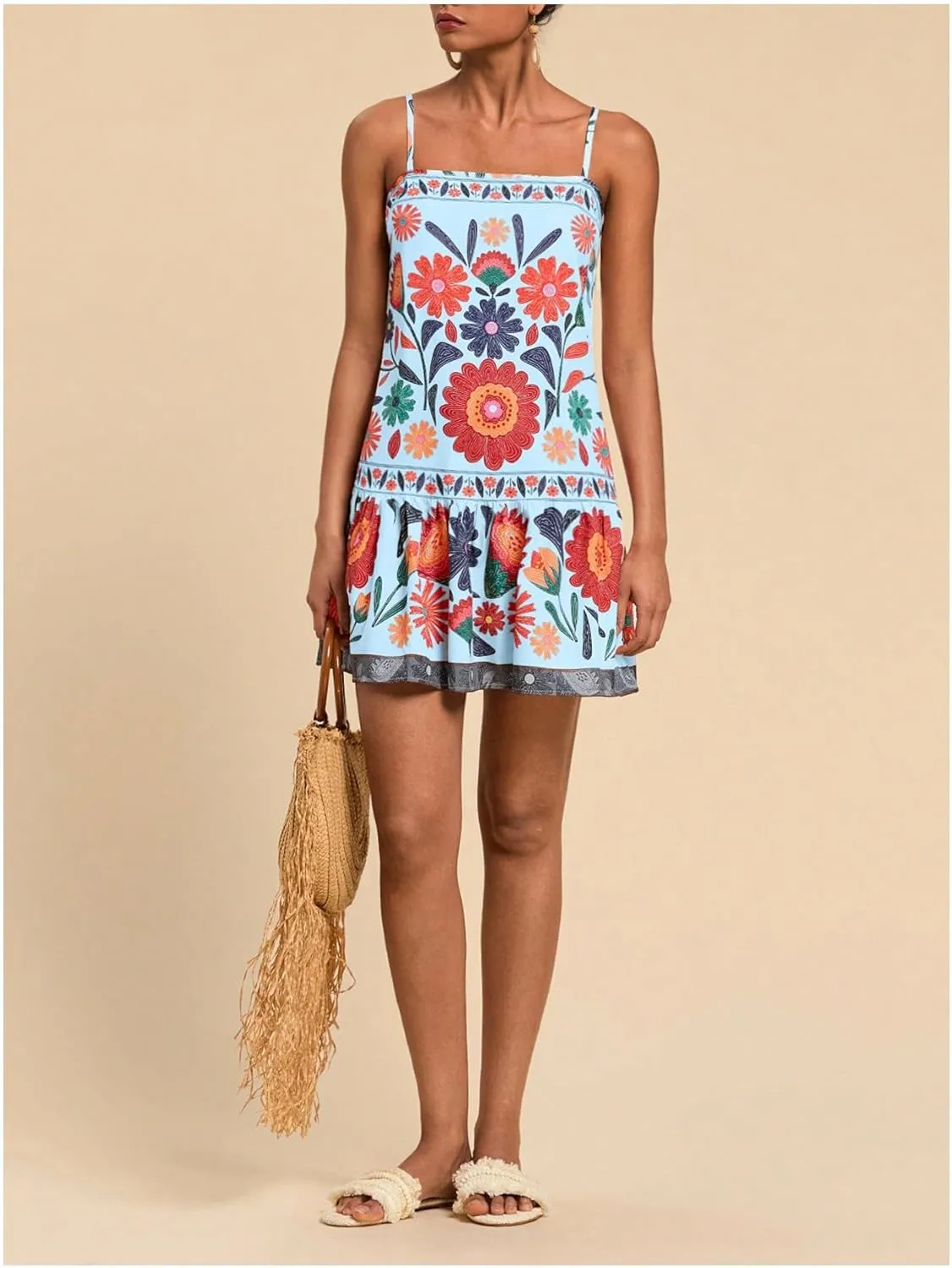 MISSACTIVER Women Sleeveless Floral Mini Dress Square Neck Ruffle Hem Spaghetti Strap Tank Dress Vacation Boho Sundress