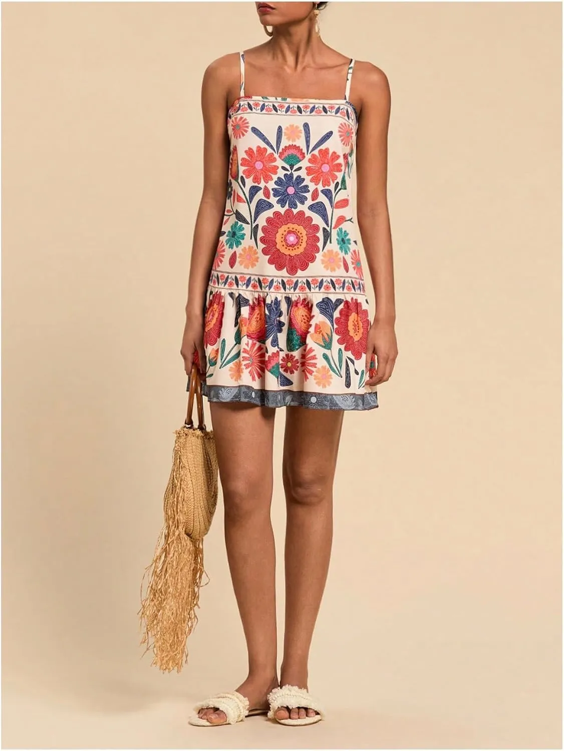 MISSACTIVER Women Sleeveless Floral Mini Dress Square Neck Ruffle Hem Spaghetti Strap Tank Dress Vacation Boho Sundress