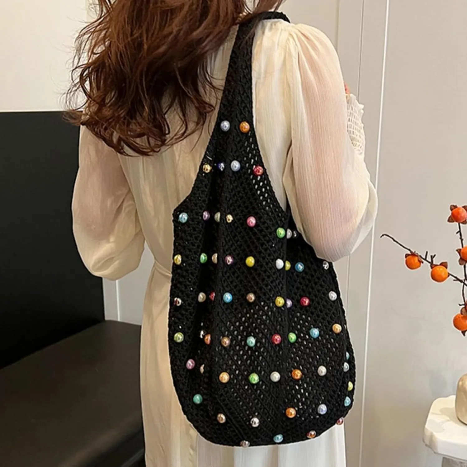 MOLERFO Crochet Pearl Mesh Tote Bag Y2k Accessories Hobo Bag Knit Bags Beach Shoulder Handbags for Women Travel Vacation