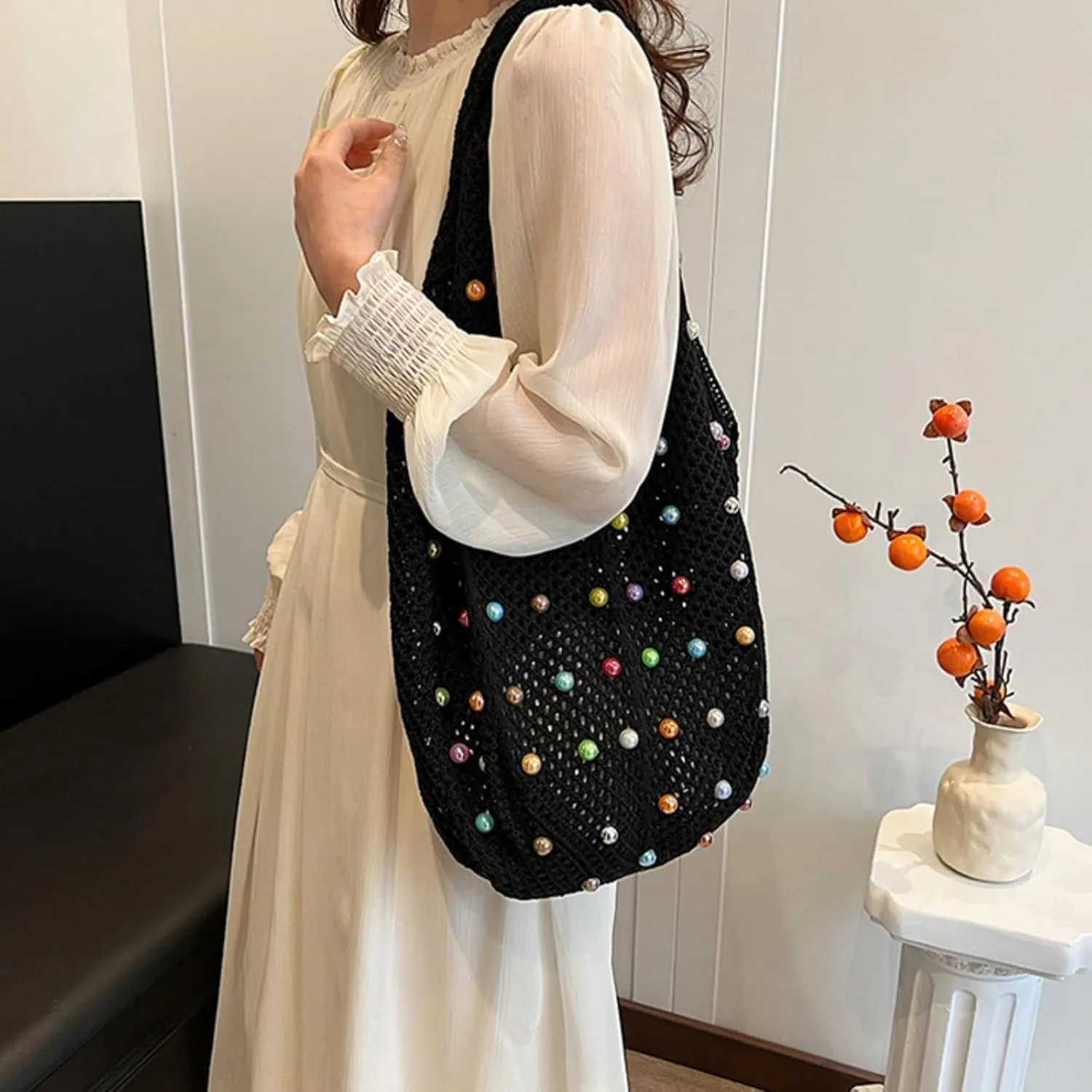 MOLERFO Crochet Pearl Mesh Tote Bag Y2k Accessories Hobo Bag Knit Bags Beach Shoulder Handbags for Women Travel Vacation