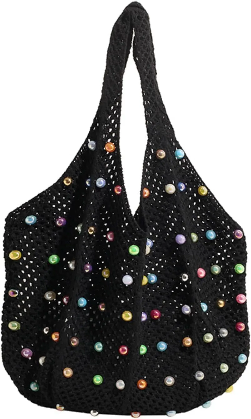 MOLERFO Crochet Pearl Mesh Tote Bag Y2k Accessories Hobo Bag Knit Bags Beach Shoulder Handbags for Women Travel Vacation