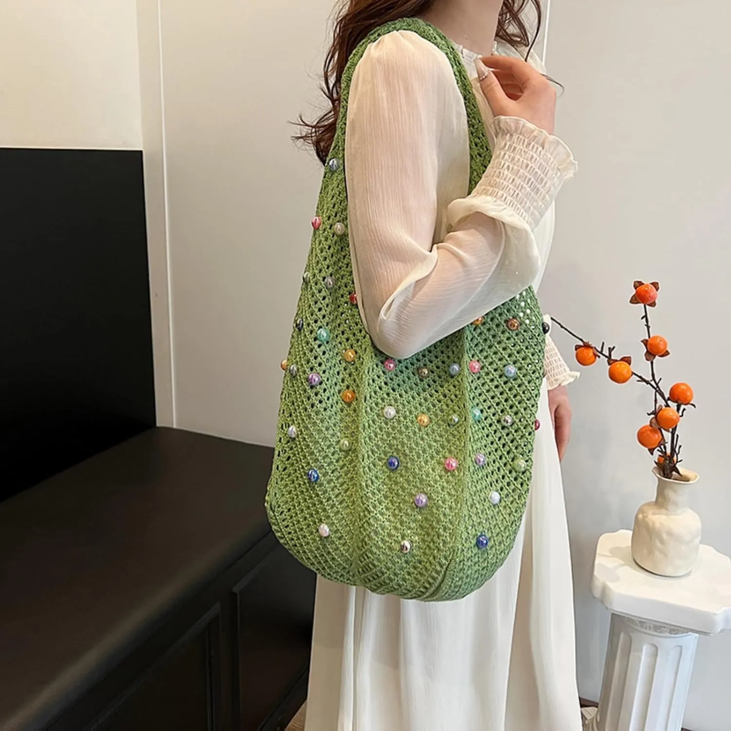 MOLERFO Crochet Pearl Mesh Tote Bag Y2k Accessories Hobo Bag Knit Bags Beach Shoulder Handbags for Women Travel Vacation