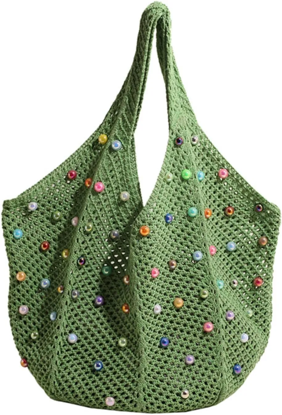 MOLERFO Crochet Pearl Mesh Tote Bag Y2k Accessories Hobo Bag Knit Bags Beach Shoulder Handbags for Women Travel Vacation