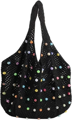 MOLERFO Crochet Pearl Mesh Tote Bag Y2k Accessories Hobo Bag Knit Bags Beach Shoulder Handbags for Women Travel Vacation