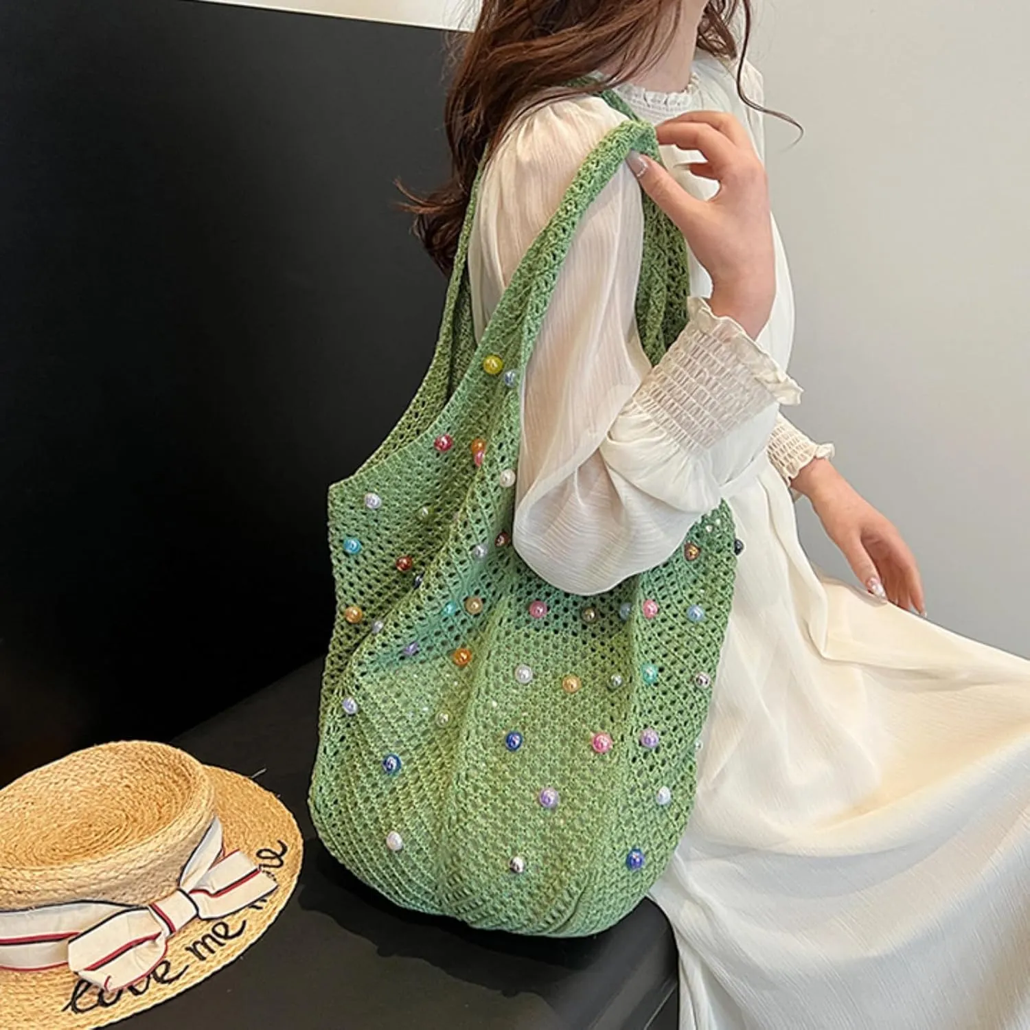 MOLERFO Crochet Pearl Mesh Tote Bag Y2k Accessories Hobo Bag Knit Bags Beach Shoulder Handbags for Women Travel Vacation