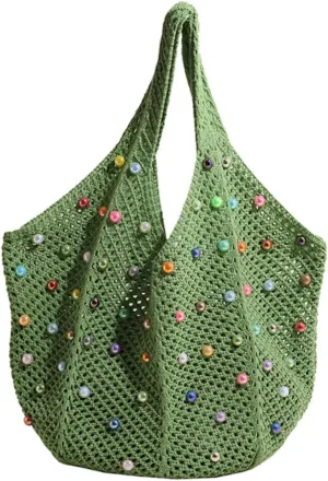 MOLERFO Crochet Pearl Mesh Tote Bag Y2k Accessories Hobo Bag Knit Bags Beach Shoulder Handbags for Women Travel Vacation