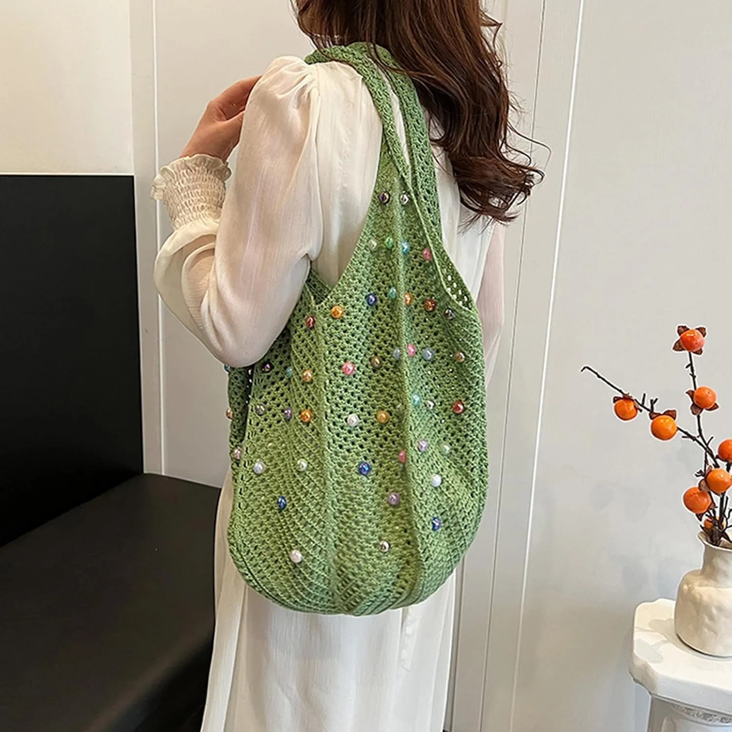 MOLERFO Crochet Pearl Mesh Tote Bag Y2k Accessories Hobo Bag Knit Bags Beach Shoulder Handbags for Women Travel Vacation