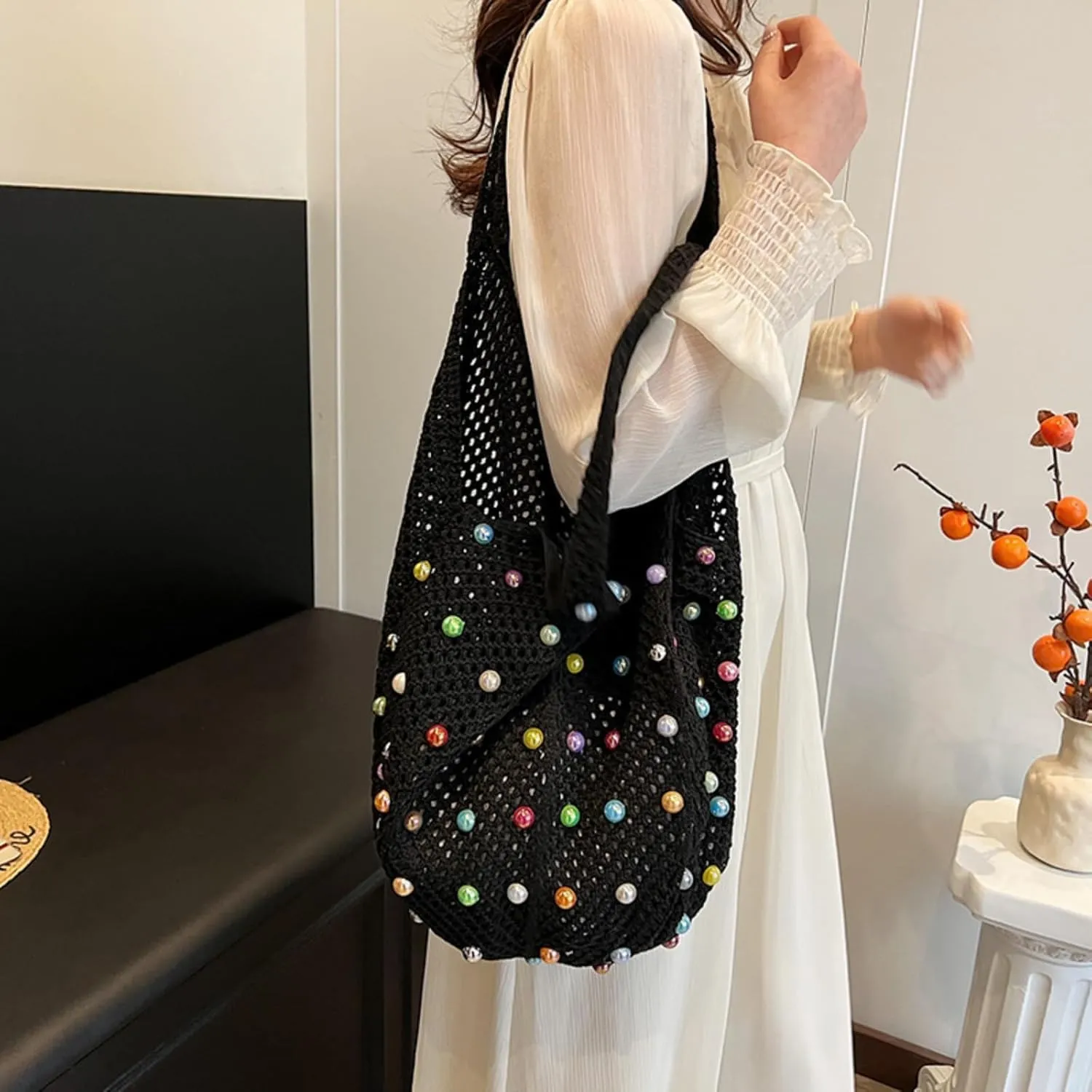 MOLERFO Crochet Pearl Mesh Tote Bag Y2k Accessories Hobo Bag Knit Bags Beach Shoulder Handbags for Women Travel Vacation