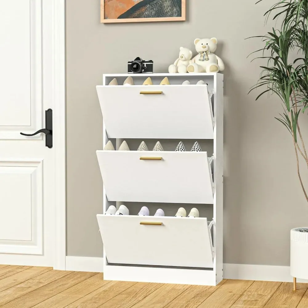 Narrow Shoe Storage Cabinet with 3 Flip Drawers, Hidden Wood Entryway Organizer