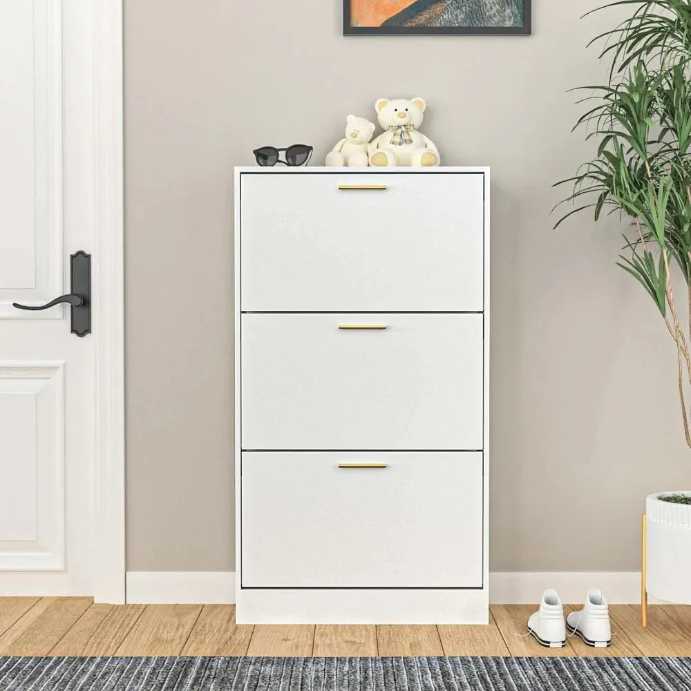 Narrow Shoe Storage Cabinet with 3 Flip Drawers, Hidden Wood Entryway Organizer