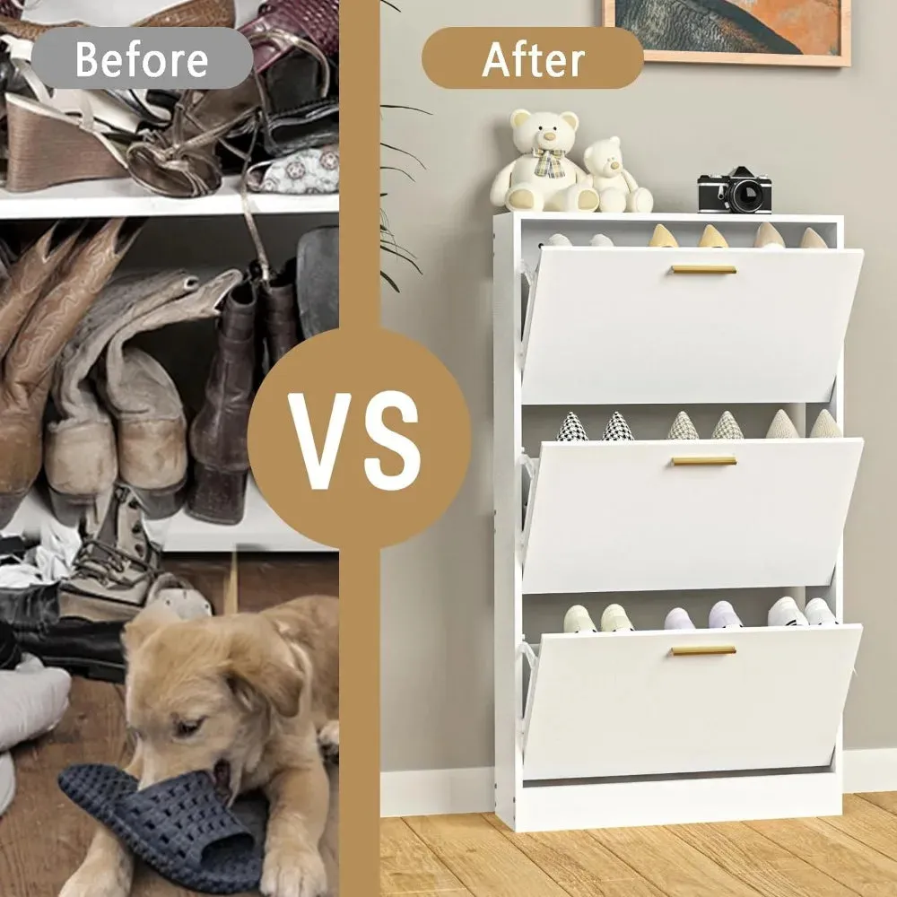Narrow Shoe Storage Cabinet with 3 Flip Drawers, Hidden Wood Entryway Organizer