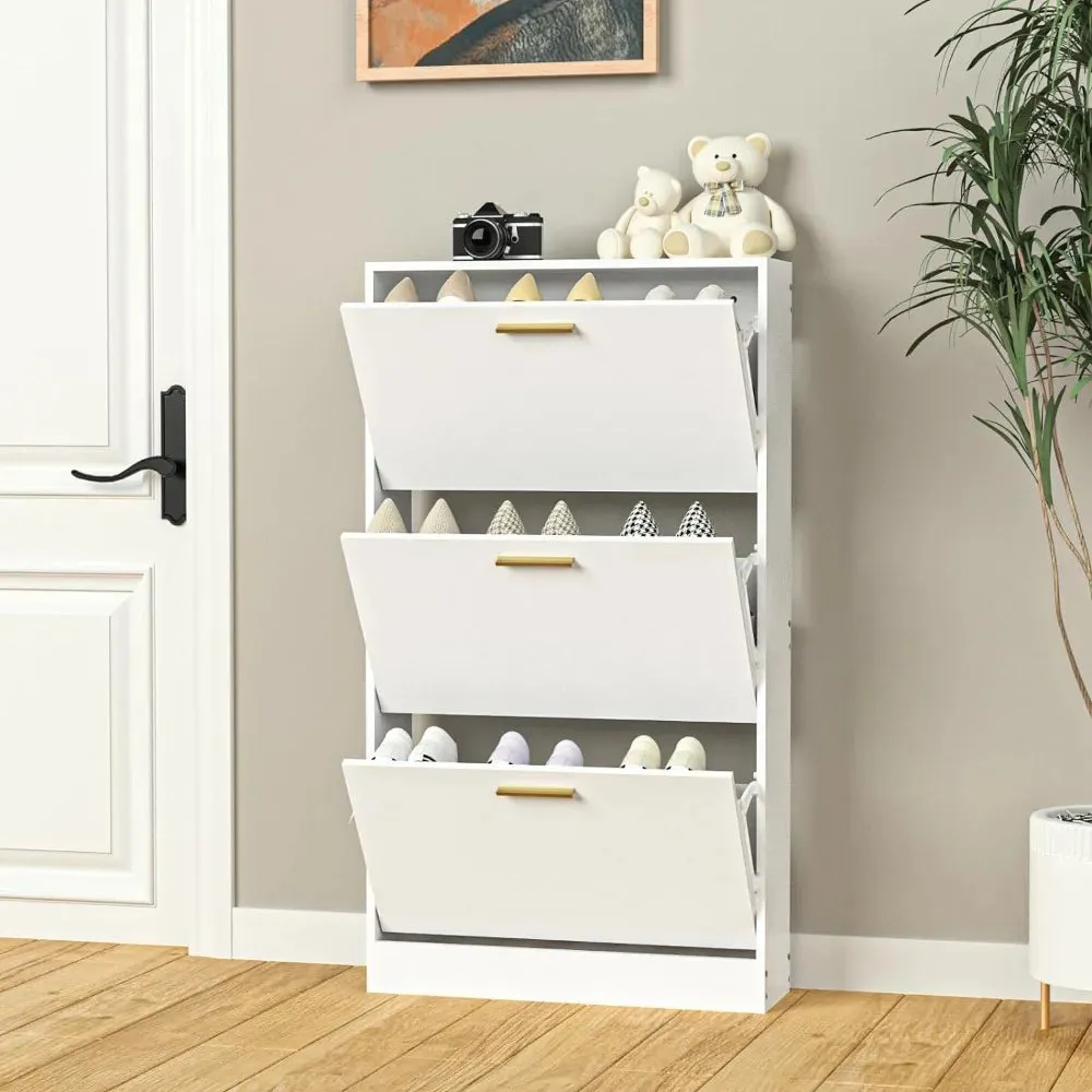 Narrow Shoe Storage Cabinet with 3 Flip Drawers, Hidden Wood Entryway Organizer