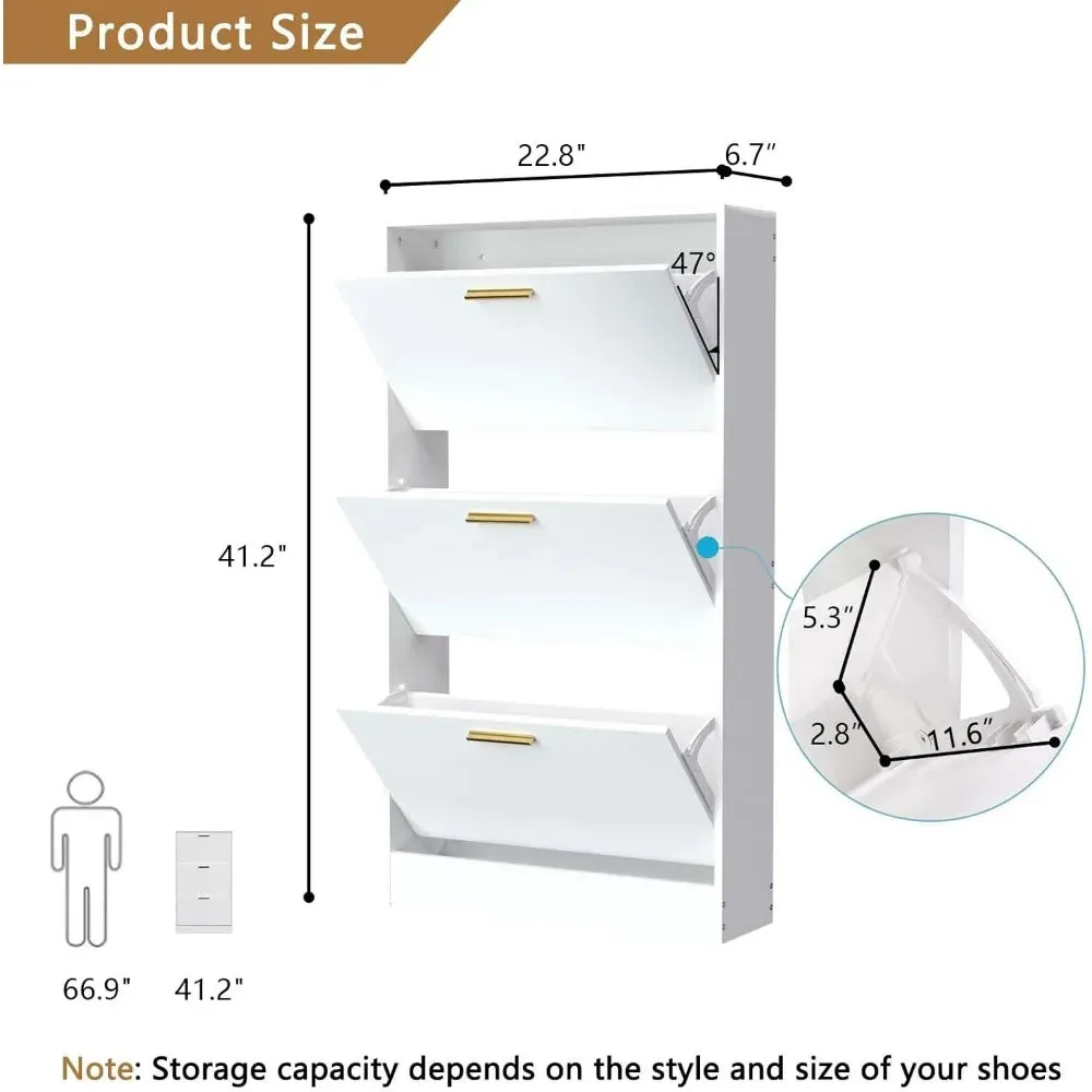 Narrow Shoe Storage Cabinet with 3 Flip Drawers, Hidden Wood Entryway Organizer