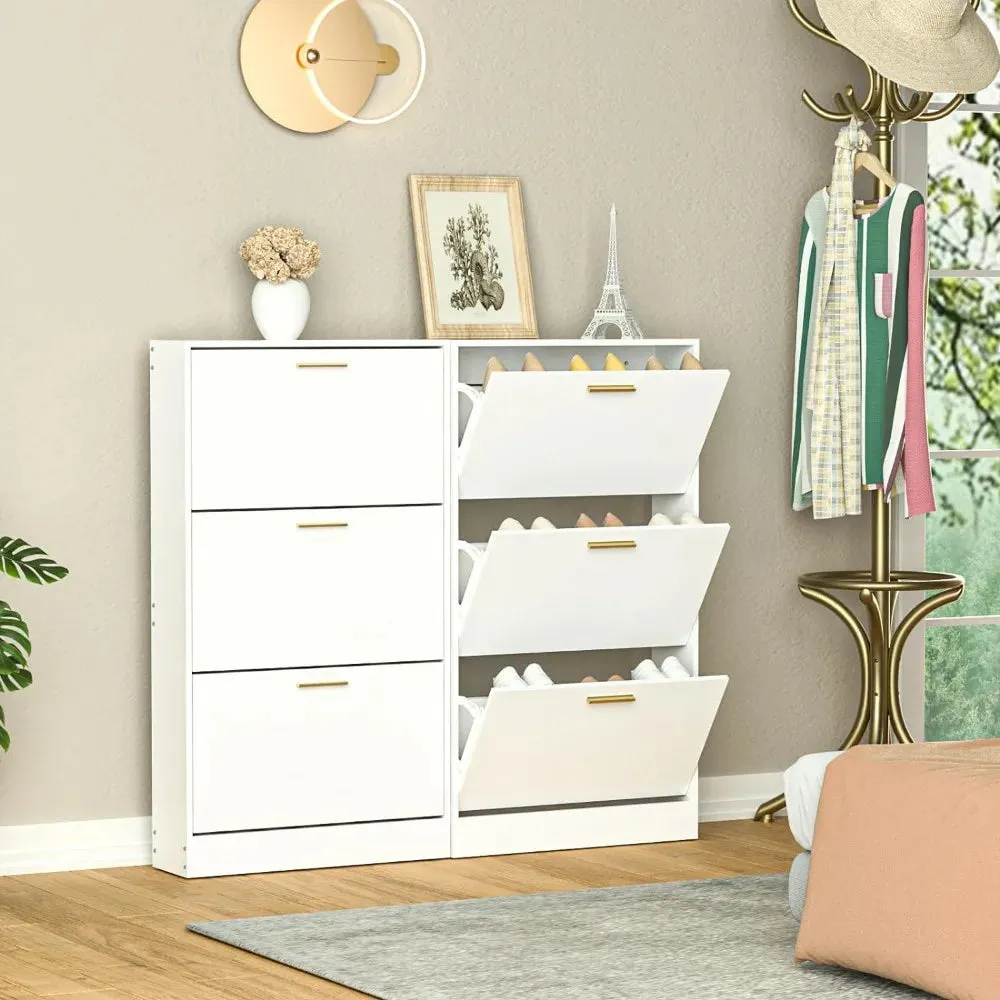 Narrow Shoe Storage Cabinet with 3 Flip Drawers, Hidden Wood Entryway Organizer