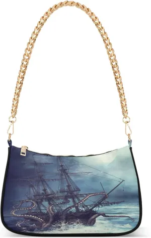 Nautical Octopus Ships Shoulder Handbags for Women Travel Hobo Tote Handbag Women Gold Chain Shoulder Bags Purse with Zipper Closure