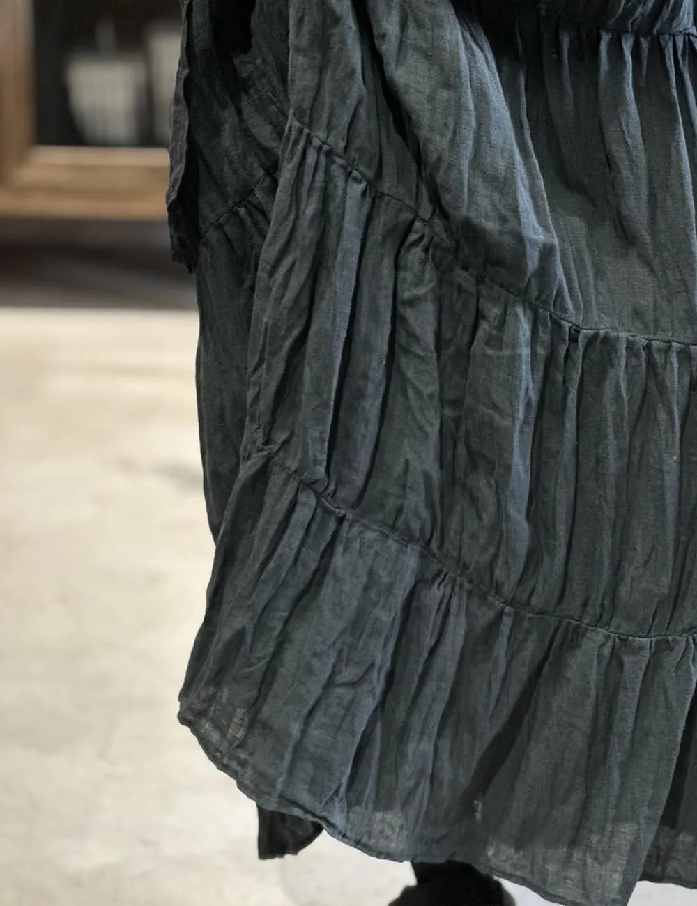 NFYM Women's Natural Linen Patchwork Boho Tiered A-Line Midi Skirt Elastic Waist Pleated Long Dress