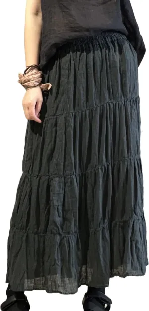 NFYM Women's Natural Linen Patchwork Boho Tiered A-Line Midi Skirt Elastic Waist Pleated Long Dress
