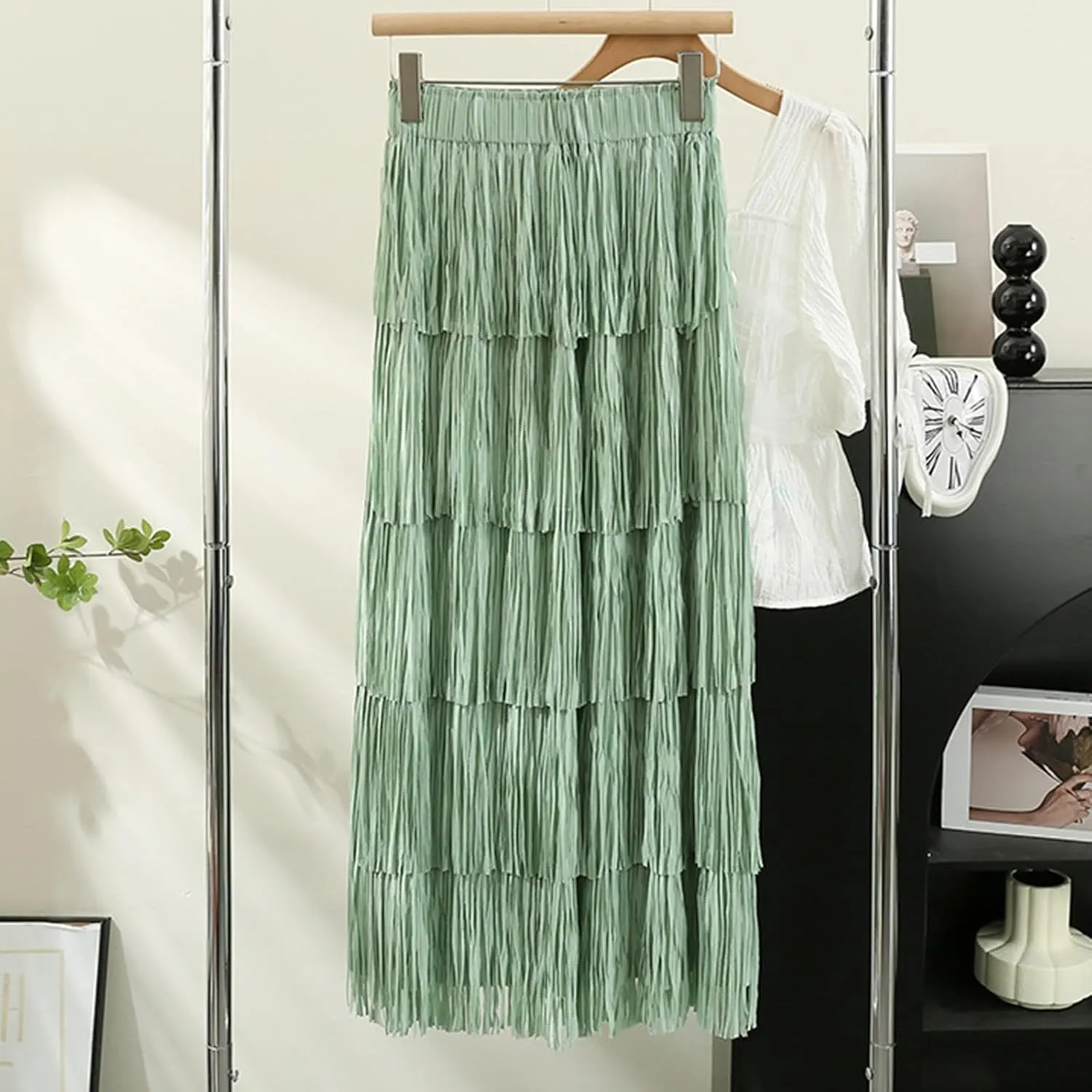 Oplxuo Women's Fringe Trim High Waist Long Skirts, Sexy Elegant Tiered Fringe Maxi Skirt High Waist Evening Party Work Skirt