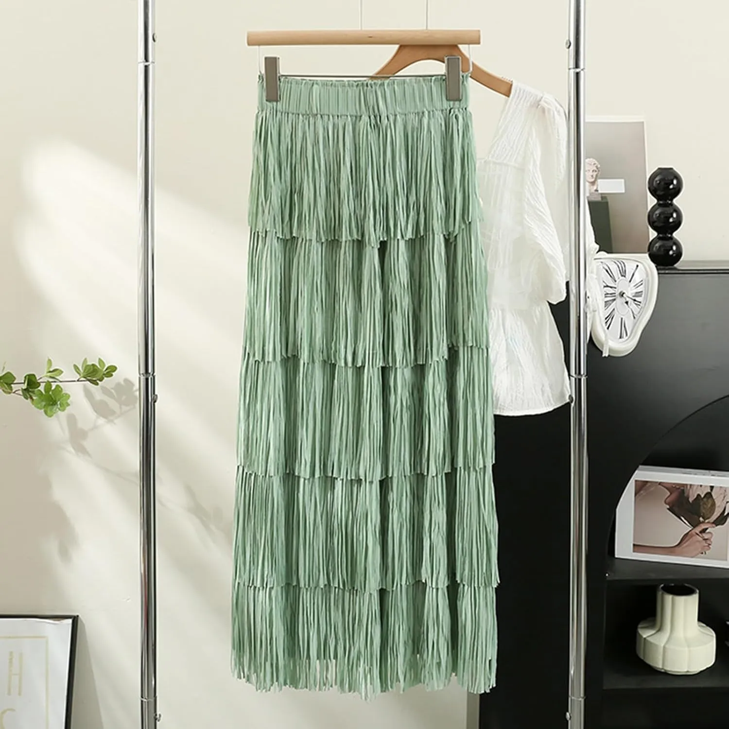 Oplxuo Women's Fringe Trim High Waist Long Skirts, Sexy Elegant Tiered Fringe Maxi Skirt High Waist Evening Party Work Skirt