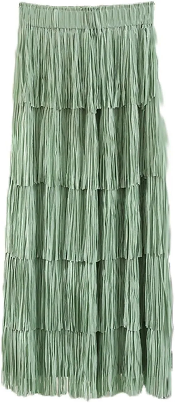 Oplxuo Women's Fringe Trim High Waist Long Skirts, Sexy Elegant Tiered Fringe Maxi Skirt High Waist Evening Party Work Skirt