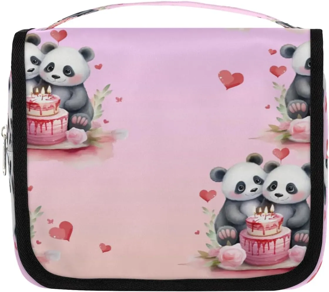 Panda's Love Cake Hanging Travel Toiletry Bag Cosmetic Bag Portable Wash Bag with Hook for Bathroom Accessories Toiletries Cosmetics