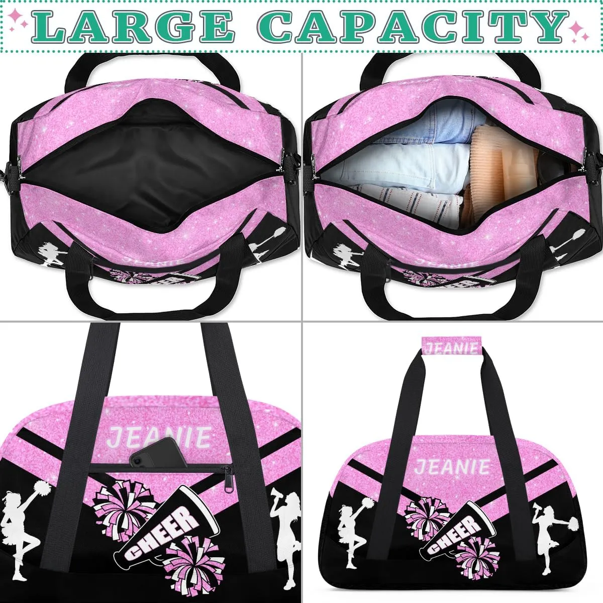 Personalize Cheer Duffel Bags with Custom Name & Text Sport Dance Gym Bags Garment Bags for Girls Kids Cheerleaders Overnight Weekender Travel Pink Glitter 4