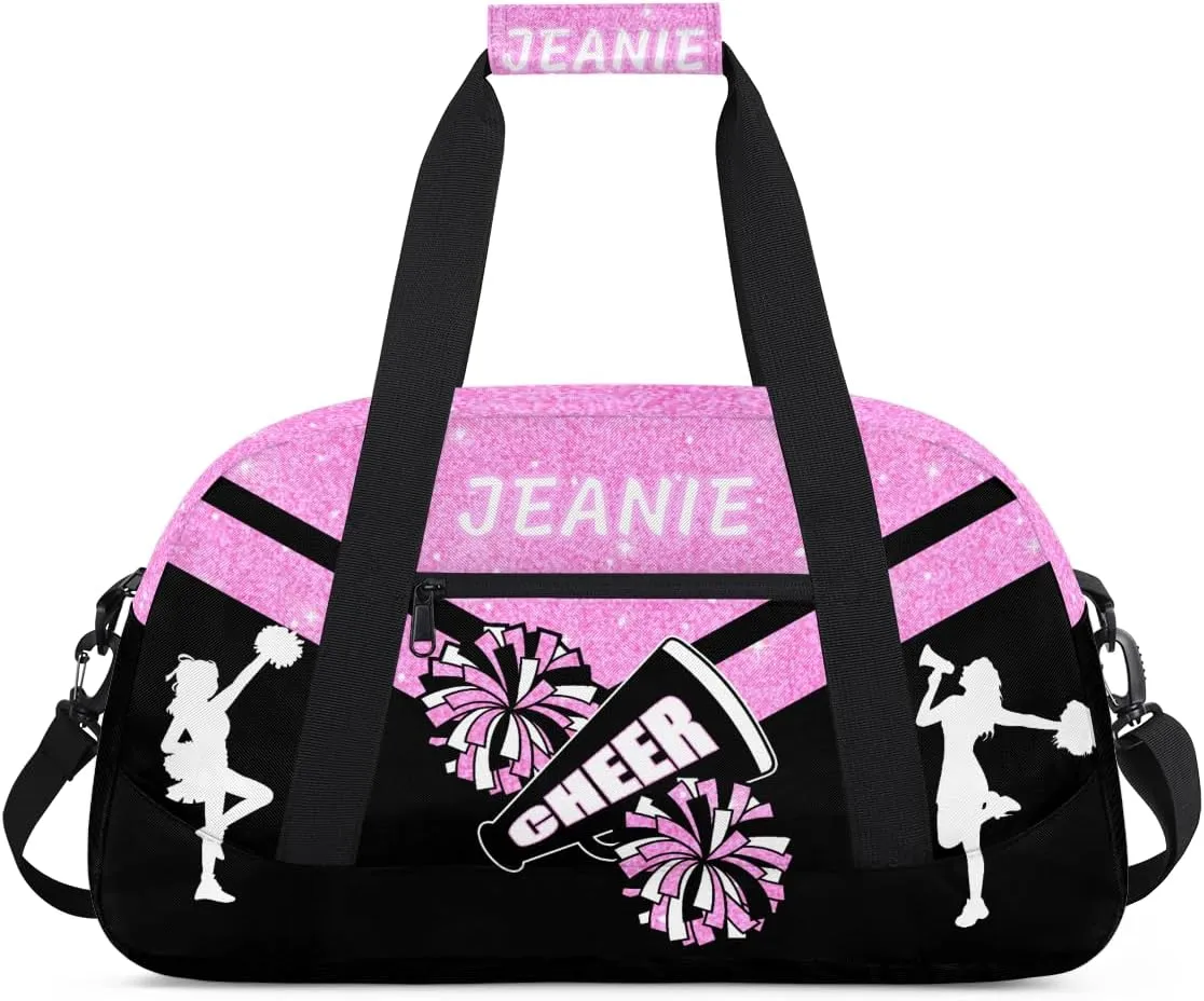 Personalize Cheer Duffel Bags with Custom Name & Text Sport Dance Gym Bags Garment Bags for Girls Kids Cheerleaders Overnight Weekender Travel Pink Glitter 4