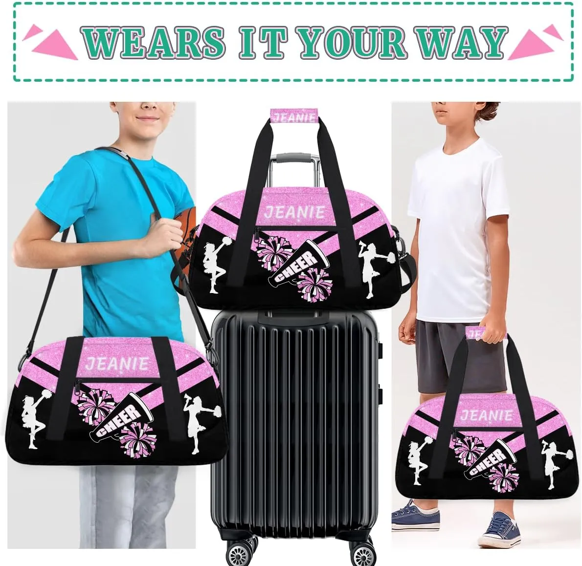 Personalize Cheer Duffel Bags with Custom Name & Text Sport Dance Gym Bags Garment Bags for Girls Kids Cheerleaders Overnight Weekender Travel Pink Glitter 4
