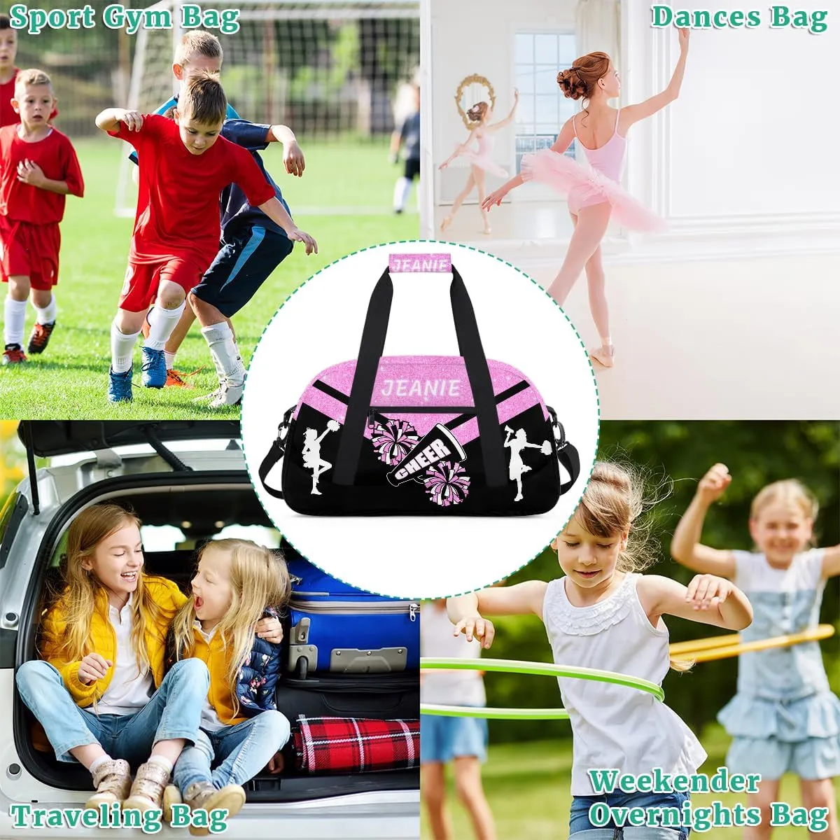 Personalize Cheer Duffel Bags with Custom Name & Text Sport Dance Gym Bags Garment Bags for Girls Kids Cheerleaders Overnight Weekender Travel Pink Glitter 4