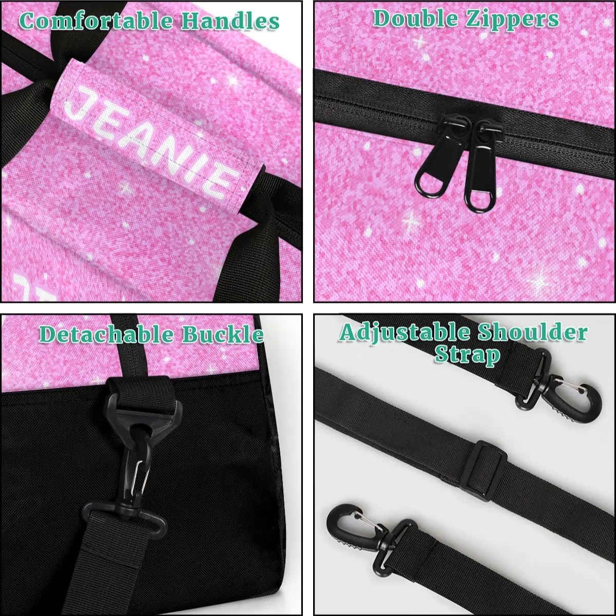 Personalize Cheer Duffel Bags with Custom Name & Text Sport Dance Gym Bags Garment Bags for Girls Kids Cheerleaders Overnight Weekender Travel Pink Glitter 4